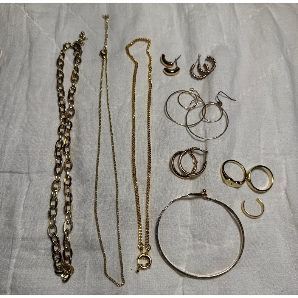 Gold Tone Jewelry Lot 11pc Layering Necklaces Hoop Earrings Rings Bangle Set OS